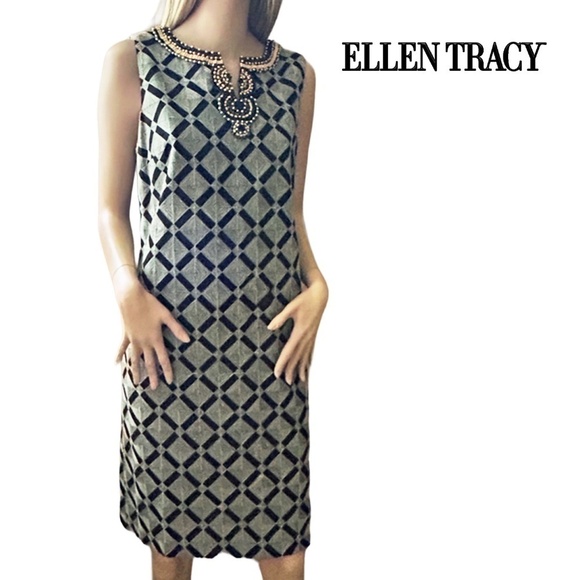 Ellen Tracy Shift Dress Tribal Beaded Boho Woven Geometric Linen Cotton Blend - Picture 1 of 14